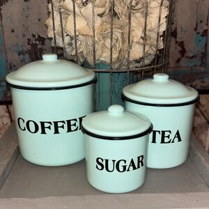 Retro enamelware blue green nesting kitchen canister set - farmhouse coffee bar